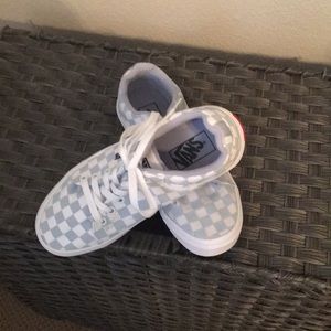 Baby blue and white checkerboard vans